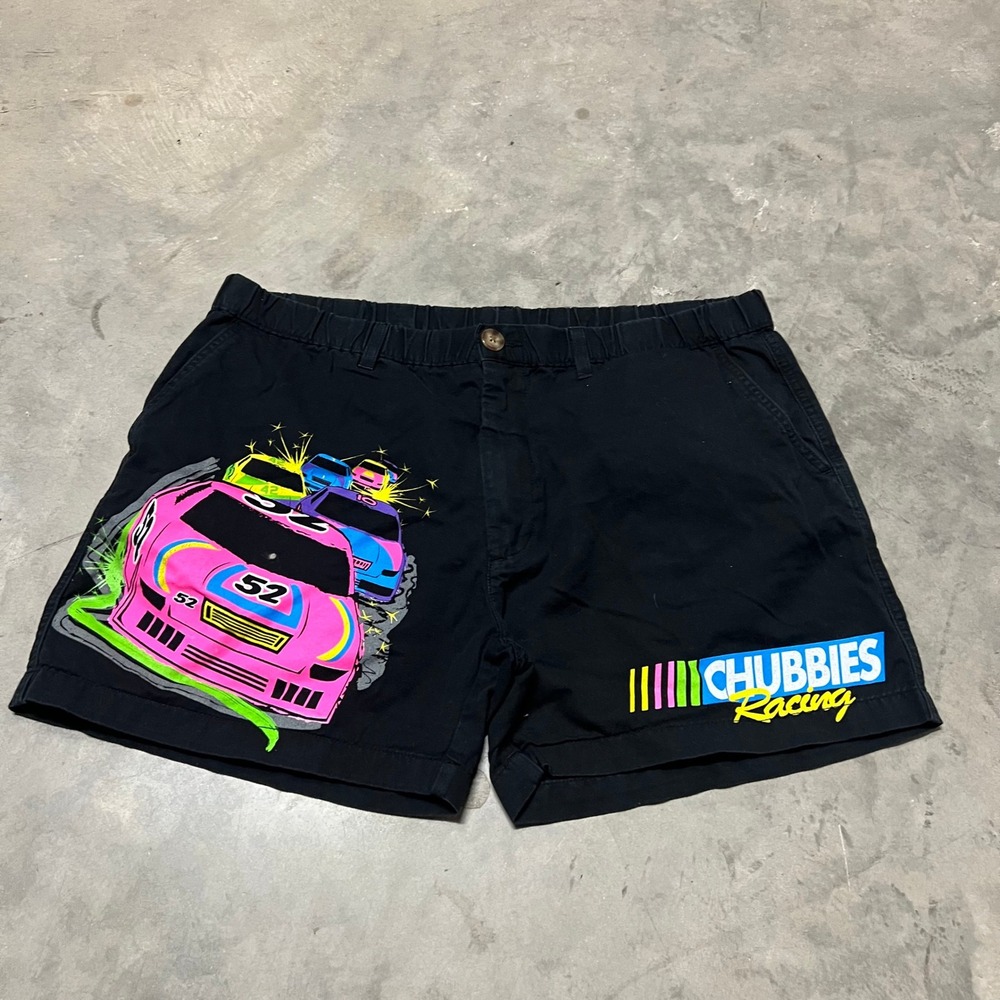 Chubbies Racing Shorts Mens XL Black Neon Race Car Rare Cotton 5 Inseam
